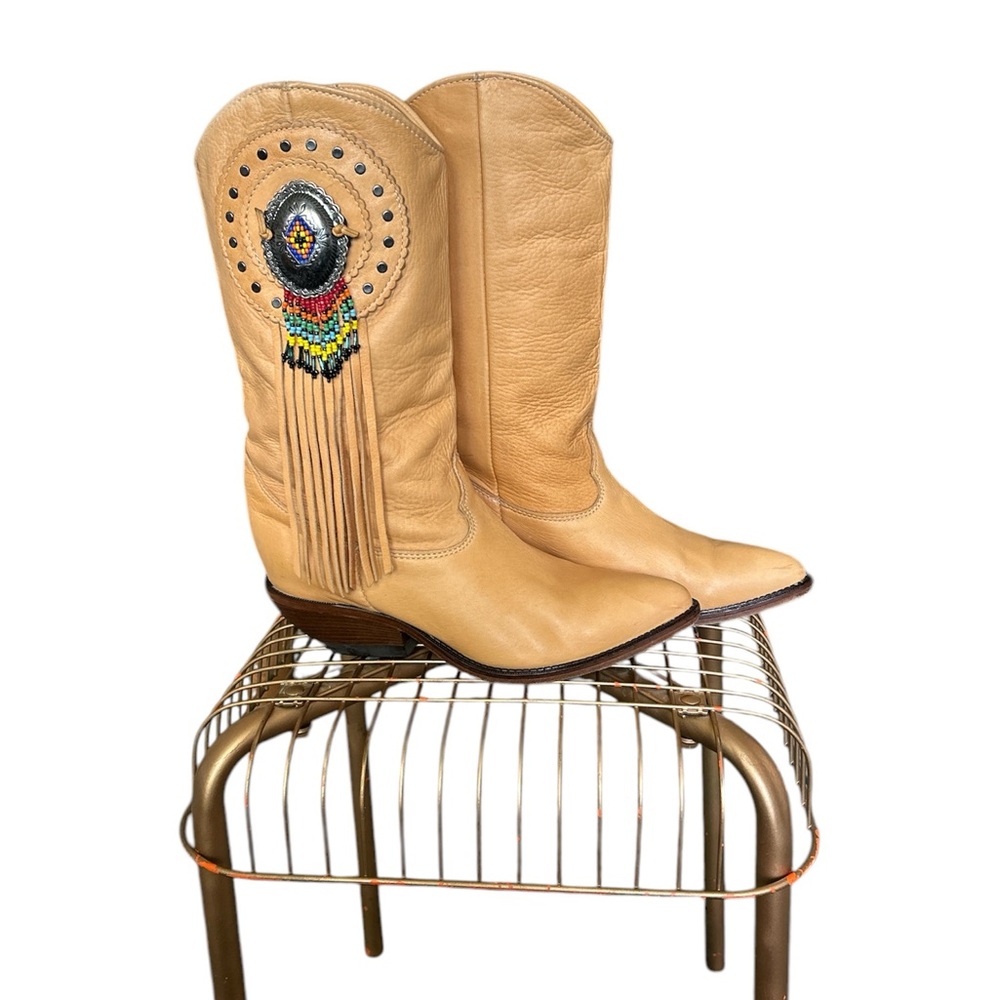 Zodiac Tan Leather Cowboy Boots with Western Aztec Fringe Beaded Design Size 7